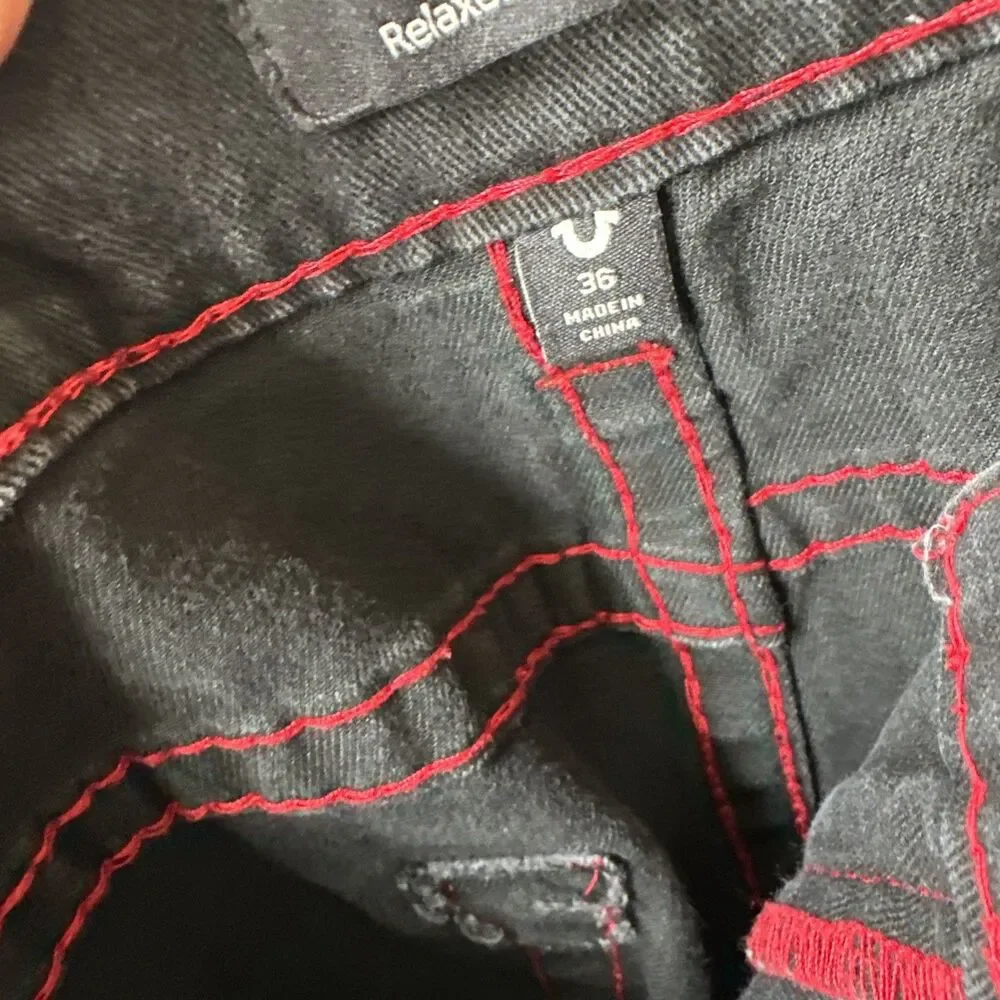 True Religion Ricky Super T Relaxed Straight Jeans Mens 36 Black Red Stitch Flap